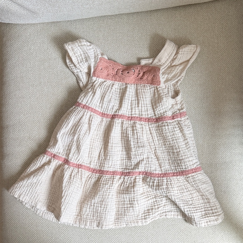 Carter's Cream Cotton Gauze Dress with Pink Trim